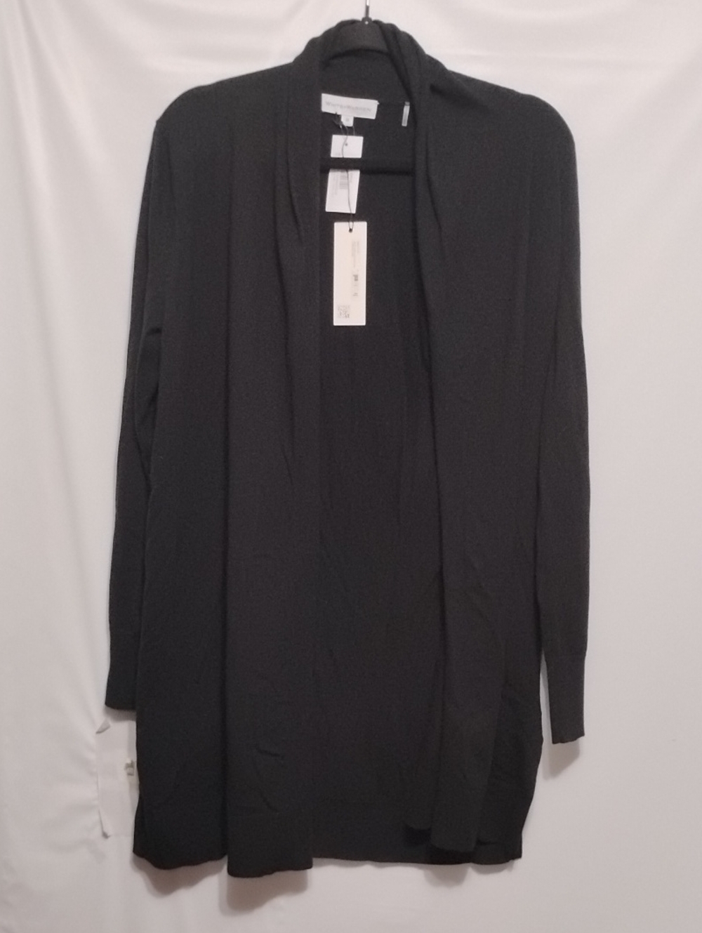 White + Warren Long Rib‎ Trim Black Open Front Knit Cardigan